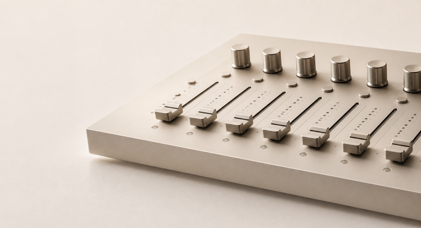 A tactile mixing surface in bone metal and soft studio light