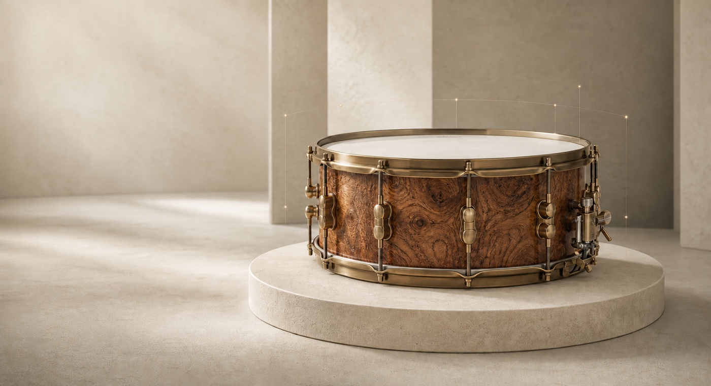 A studio drum presented as a precisely measured gallery object