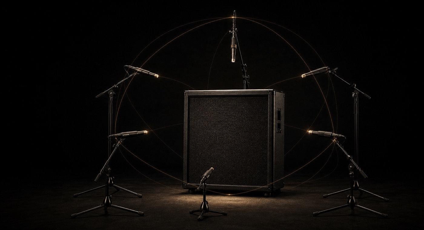 A speaker cabinet surrounded by a measured microphone field