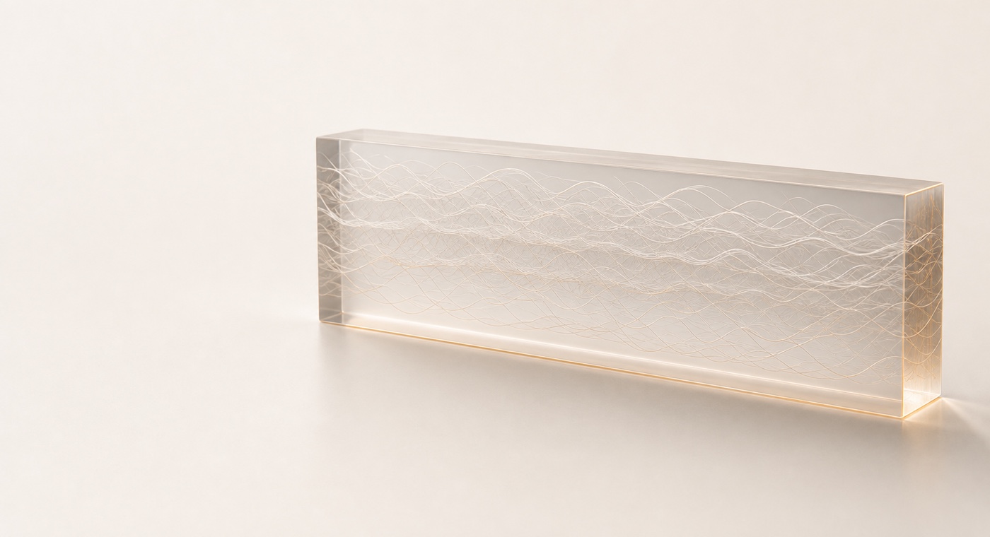 A translucent block containing aligned waveform filaments