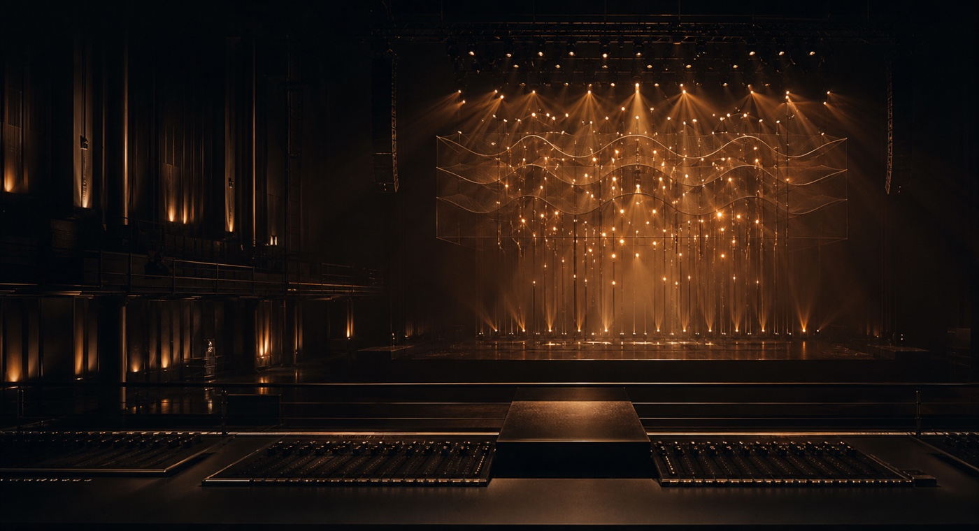 A live stage viewed from an illuminated show-control position