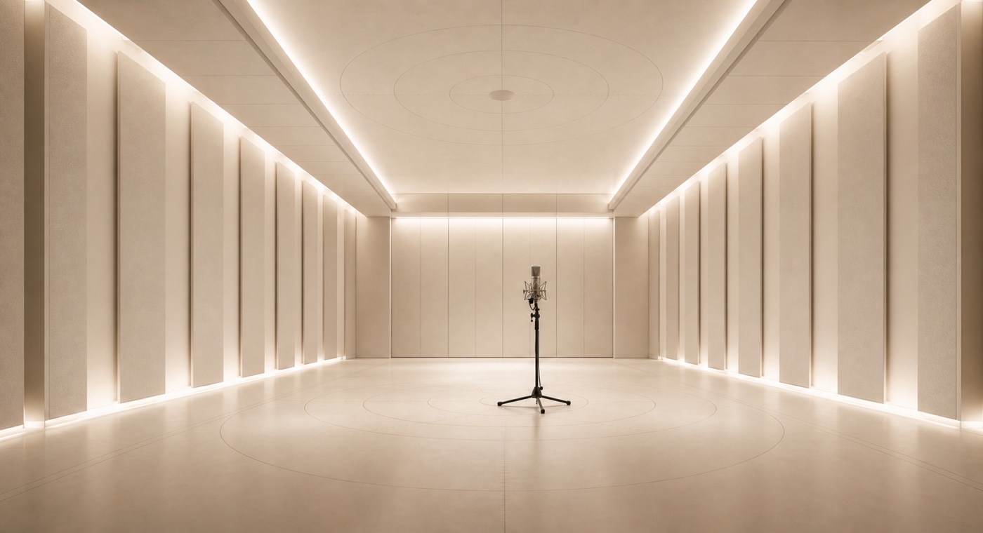 A quiet architectural capture room centered on a single microphone