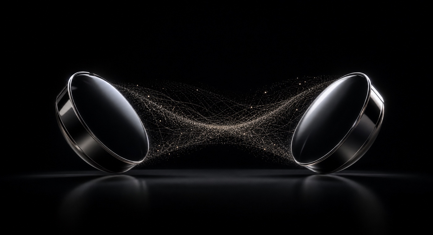 Two polished acoustic forms connected by a suspended stereo particle field